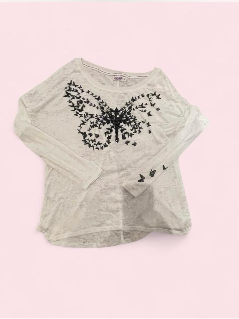 Garage White Long Sleeve Tee with Black Butterfly Graphic